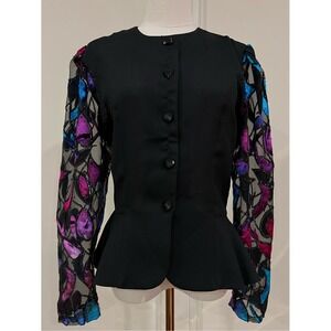 Lucille Faucher Vintage 80s Black Peplum Jacket Burnout Velvet Sheer Sleeve 8
